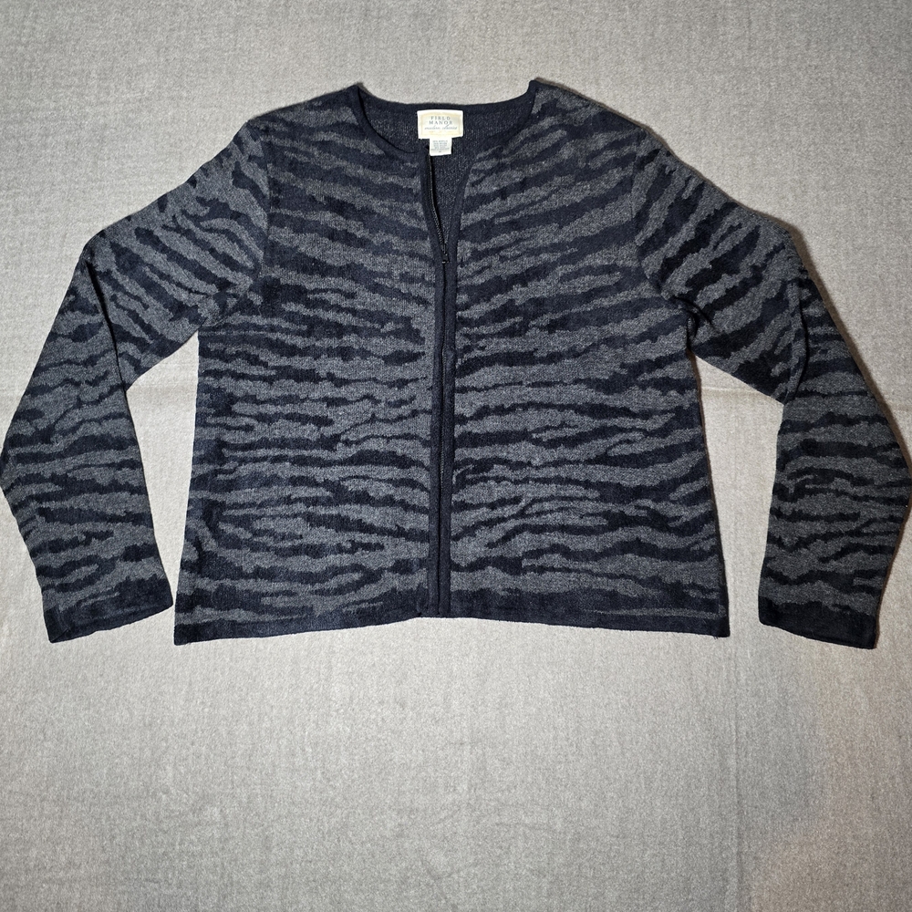 Field Manor Wool Blend Gray & Black Zebra Pattern Cardigan Womens Size Med